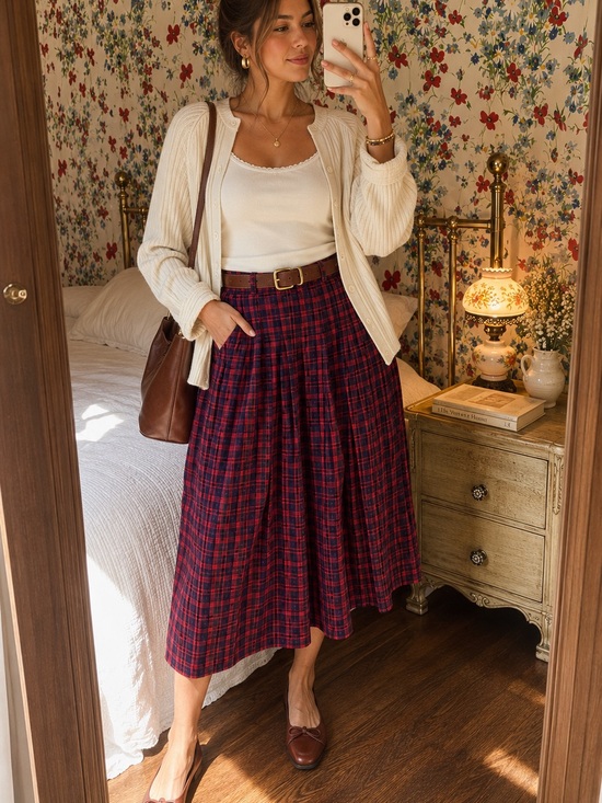 Lands' End Dresses & Skirts - vintage lands’ end red navy plaid pleated midi skirt | tartan preppy academia